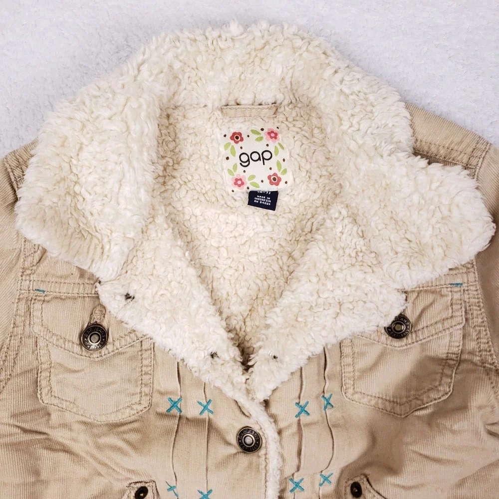 Gap Corduroy Sherpa Jacket Kids S 6 7 Embroidered Trucker Coat Beige Cozy